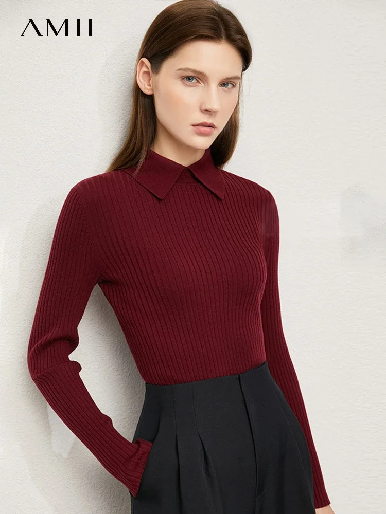 조회수 급등 Amii 미니멀리즘 여성용 스웨터 패션 폴로 칼라 울 풀오버 긴 소매 니트 탑 Office Lady Spring Sweater 12130297 한 번에 알려드립니다