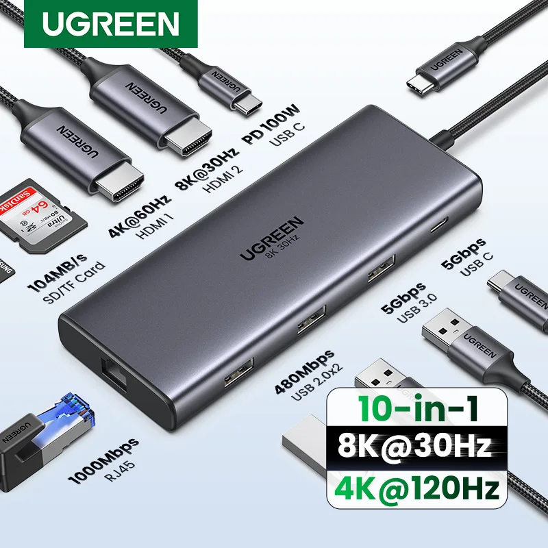 인기좋은 이유 UGREEN 듀얼 HDMI USB-C 허브 8K 4K HDMI 어댑터 MacBook Pro Air 노트북 USB 허브용 RJ45 USB3.0 PD 100W 도크가 포함된 10 in 1 분배기 리뷰가 많습니다