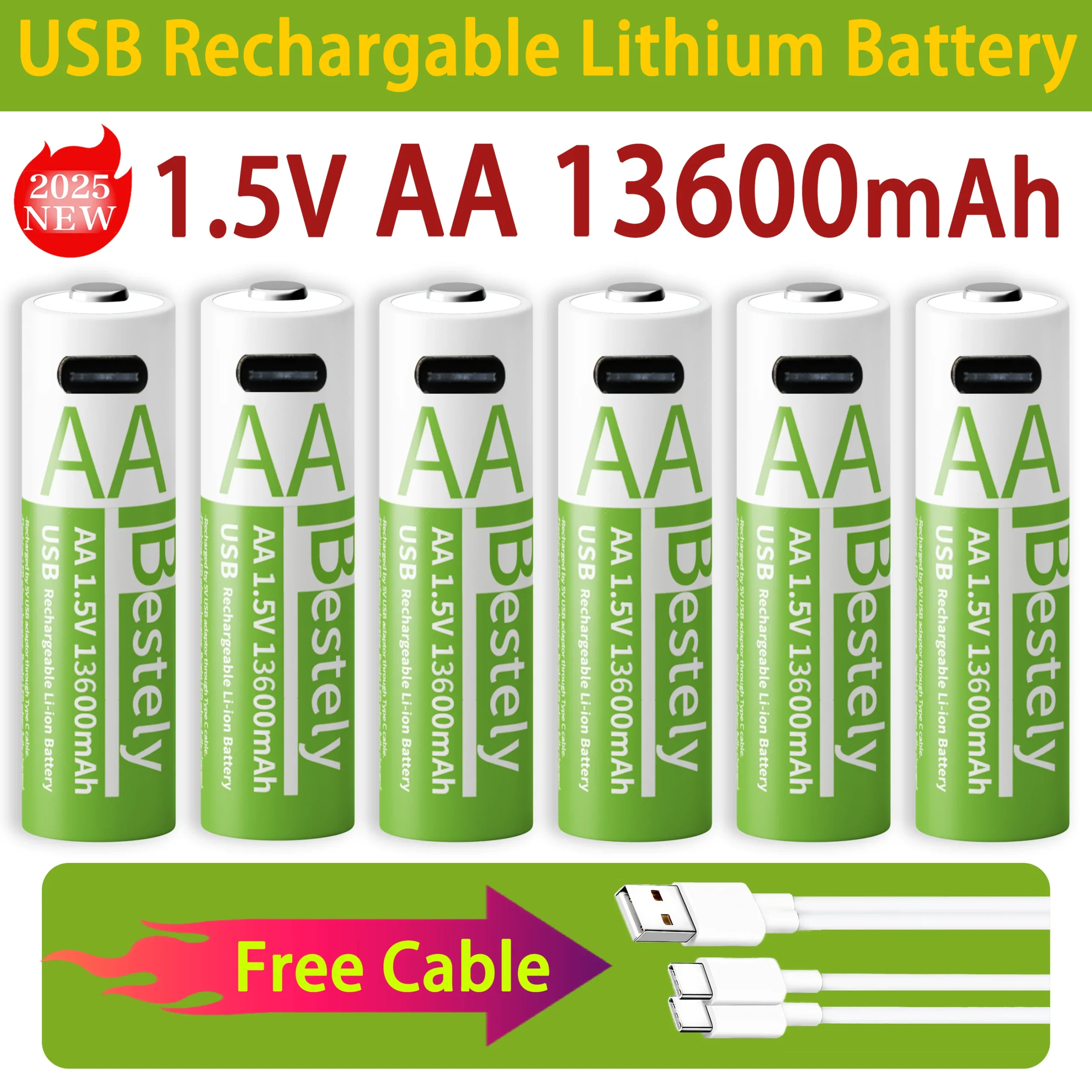 남들사기 전에 Bestely AA 13600mAh 1.5V 충전식 리튬 배터리 오래 지속되는 고속 충전 리튬 이온 배터리 2000 사이클 클릭해보세요
