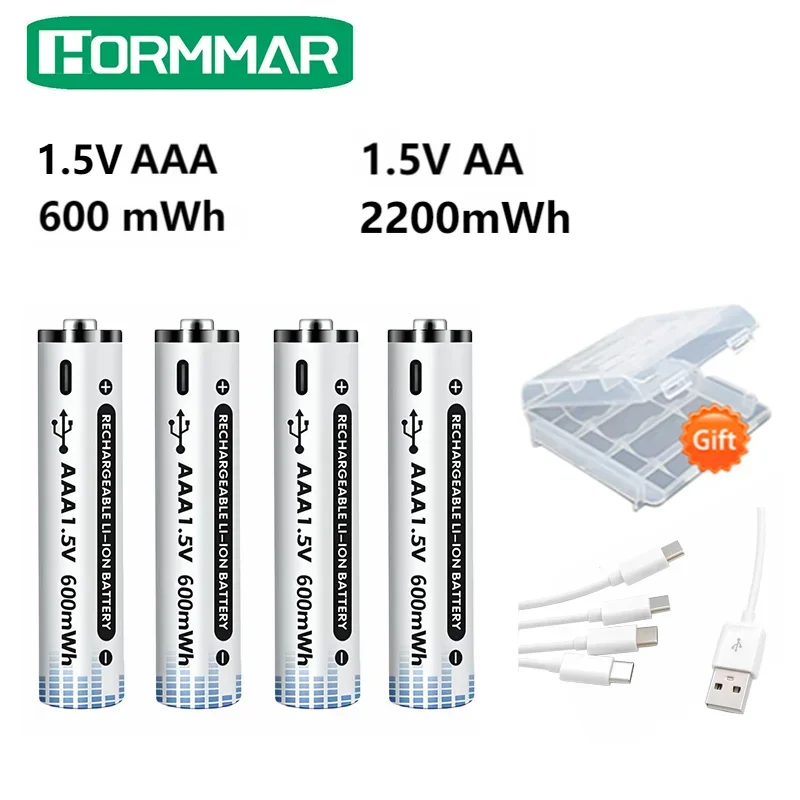 잘 팔리는 이유는? 정품 충전식 AA 배터리 2200mWh 대용량 Type-C 고속 충전 600mWh AAA 1.5V 폴리머 리튬 배터리(장난감 등) 기억하세요